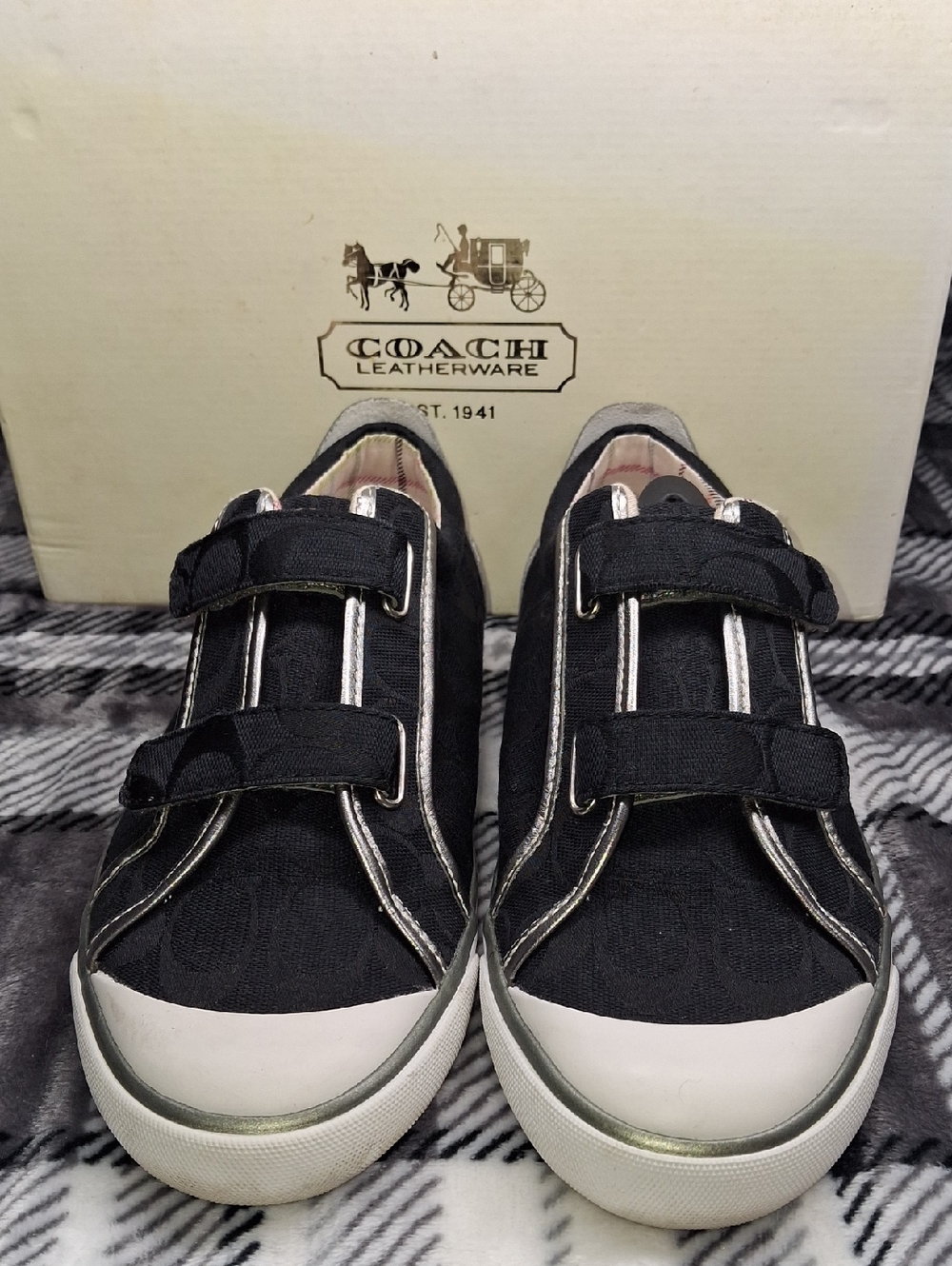 Vintage Coach Black Canvas Sneakers with Silver Trim And Velcro Straps
